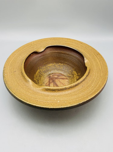 C196，日本回流 日式粗陶宽沿花器 手作异形缺口花盘