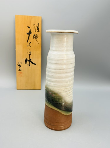 C371，日本回流 日本手作层叠釉粗陶筒型花器 侘寂之美，带原木盒