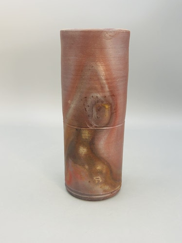 C379，日本回流 备前烧柴烧直筒花入花瓶，中古陶器，无原盒