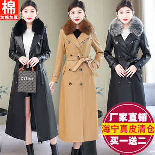 真皮皮衣女中长款2025秋冬新款狐狸大毛领绵羊皮风衣大码加棉外套