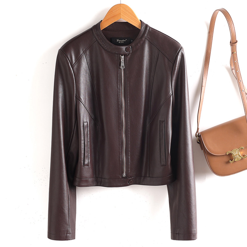 2026春秋新款海宁真皮皮衣女短款圆领小外套显瘦机车服绵羊皮夹克,女装/女士精品,皮衣,淘宝优惠券,粉丝福利购,淘宝优惠卷