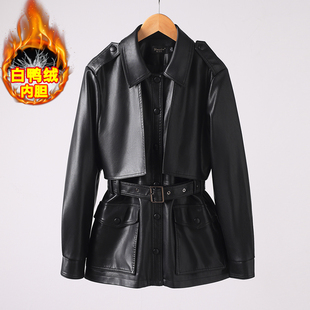 真皮皮衣羽绒服外套女中长款 系带收腰绵羊皮风衣复古风机车皮夹克