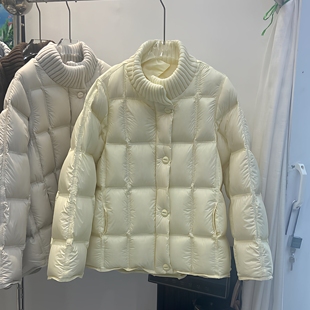 羽绒服女针织立领云朵方块格子90白鸭绒宽松短款 韩版 新款 2025冬季