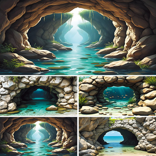 鱼缸背景贴纸岩洞背景画3D高清立体尺寸定制缸外正面胶