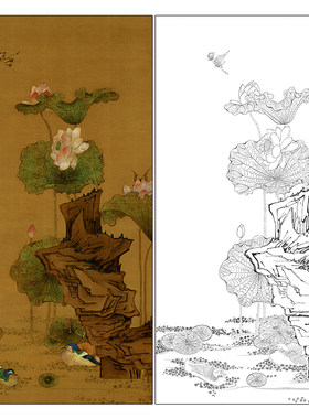 陈洪绶花鸟工笔画白描底稿《荷花鸳鸯图》临摹勾线高清打印稿MD03