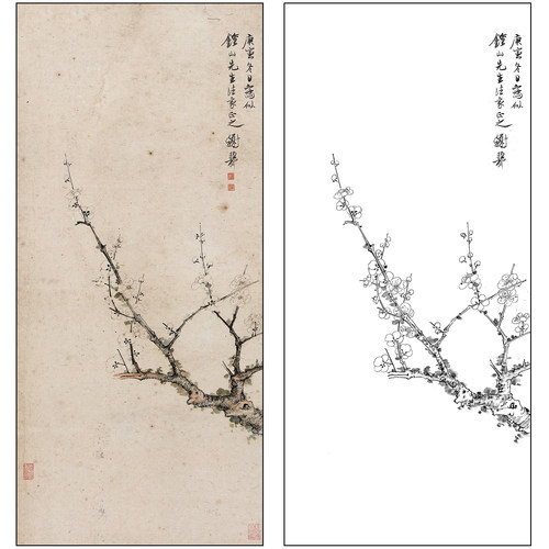 谢稚柳花鸟工笔画白描底稿《梅花》临摹勾线高清打印稿XZ58
