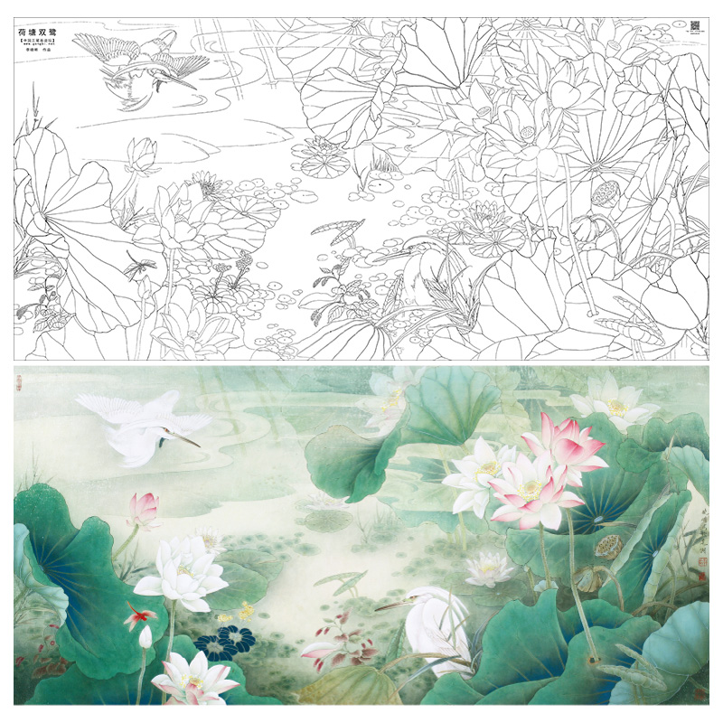 【大彩图】李晓明横幅工笔画白描底稿荷花白鹭《荷塘双鹭》KA23