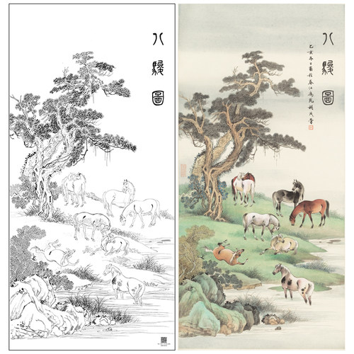 【大彩图】胡成荣工笔画白描底稿《八骏图》骏马临摹花鸟线稿A645