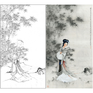 【有步骤、大彩图】李晓明工笔画白描底稿《临王叔晖仕女图》KG22