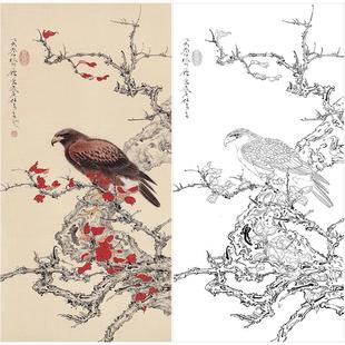 任重花鸟老鹰工笔画白描底稿《独立寒秋》临摹勾线高清打印稿RD23