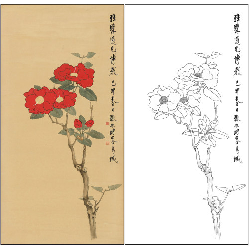 谢稚柳花鸟工笔画白描底稿《红山茶》临摹勾线高清打印稿XZ51