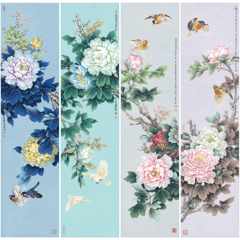 【四条屏】李晓明花鸟天香工笔画