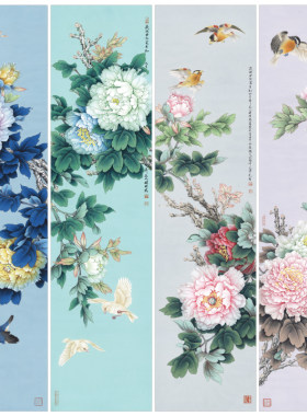 【四条屏】李晓明花鸟天香工笔画