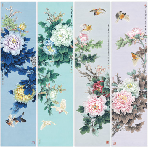 【四条屏】李晓明花鸟天香工笔画