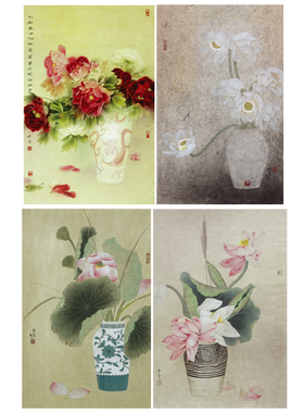 龚雪青工笔画白描底稿荷花一套四幅初学者尺寸42*66厘米TG05