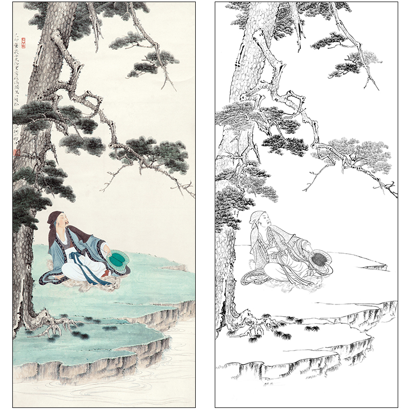 任重山水人物工笔画白描底稿《松溪高士》松树临摹高清打印稿RD46