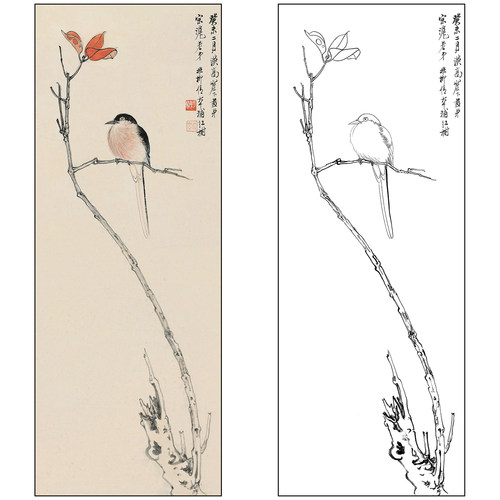 谢稚柳花鸟工笔画白描底稿《红枫小鸟》临摹勾线高清打印稿XZ53