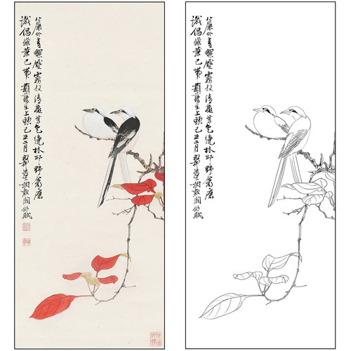 谢稚柳花鸟工笔画白描底稿《红叶双禽图》临摹勾线高清打印稿XZ49