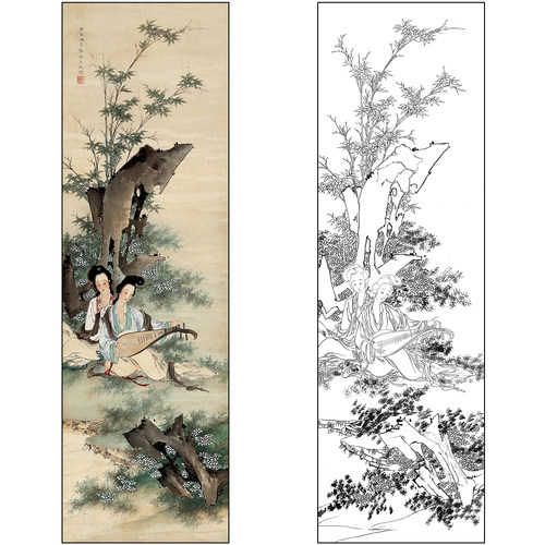 工笔画白描底稿王叔晖仕女图人物花鸟竹子《琵琶美人》打印稿SH51