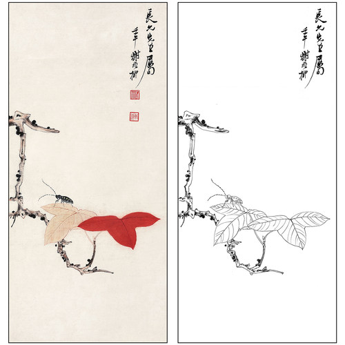 谢稚柳花鸟工笔画白描底稿《红叶天牛》临摹勾线高清打印稿XZ46