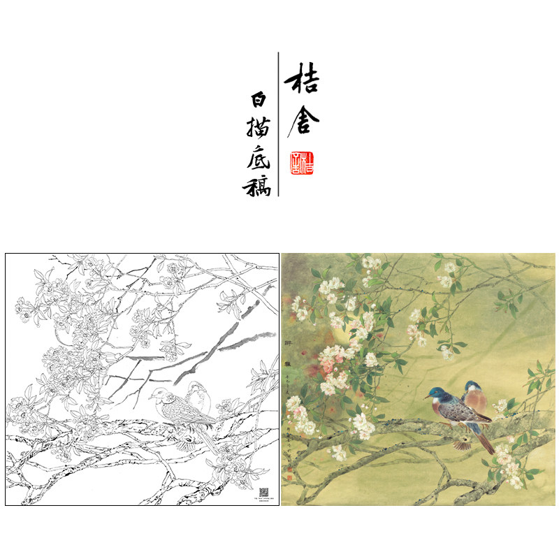 【大彩图】邹传安工笔画白描底稿小品《春酣》海棠花花鸟线稿HN27