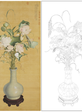 【大彩图】郎世宁工笔画白描底稿花瓶《聚瑞图》花鸟线稿LS09