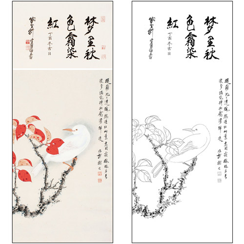 谢稚柳花鸟工笔画白描底稿《红叶幽禽》临摹勾线高清打印稿XZ61