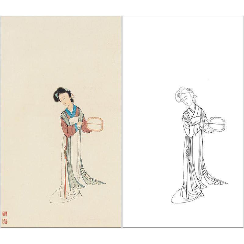 陈少梅工笔画人物白描底稿《执扇仕女》临摹勾线高清打印稿SM02