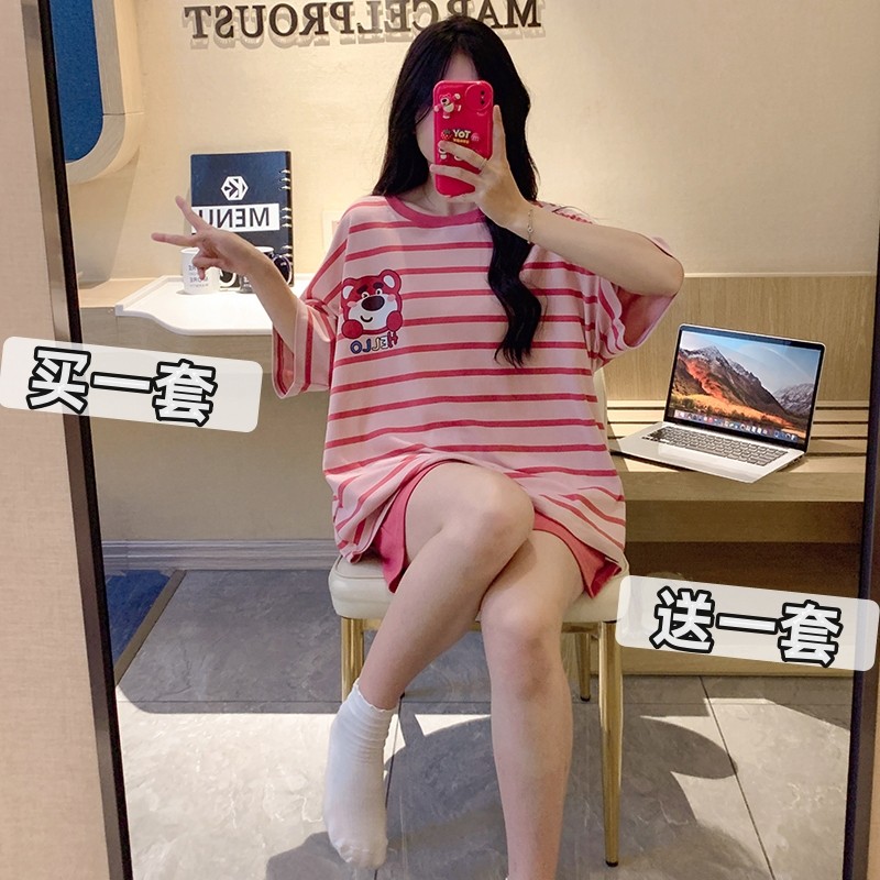 睡衣女夏天短袖短裤条纹套装夏季可爱卡通宽松女士春秋款家居服