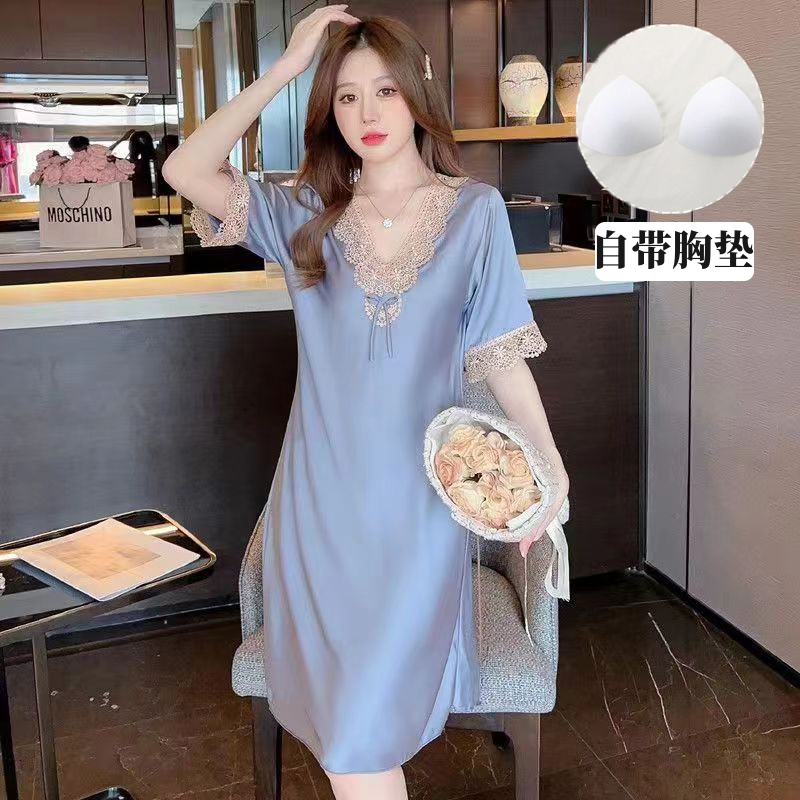带胸垫睡衣女睡裙大码宽松蕾丝女生睡衣家居服短袖仿真丝连衣裙夏