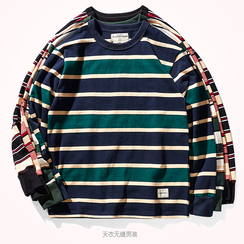 日系重磅300g纯棉条纹长袖恤