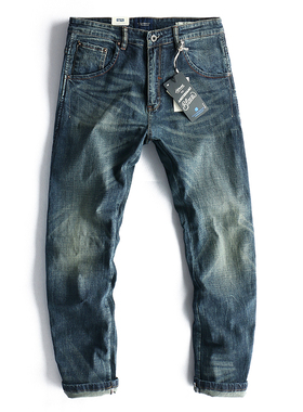 蓝色猫须做旧牛仔裤 男潮流弹力修身小脚直筒裤 简约青年男裤K3-4