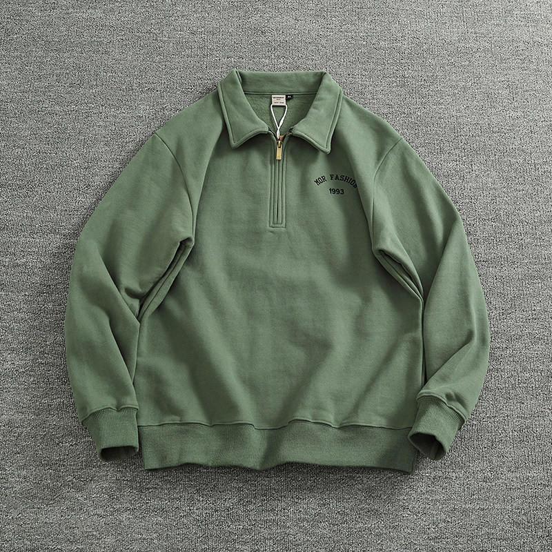 半拉链翻领卫衣男2024秋冬新款500g重磅纯棉毛圈加绒加厚外套上衣