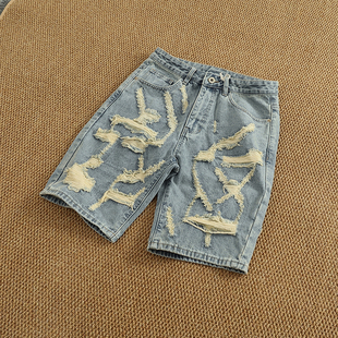 手工刀割破洞痞帅高街潮流牛仔短裤男夏季百搭做旧水洗中裤五分裤