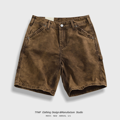 工装短裤男潮款泥黄色重工做旧