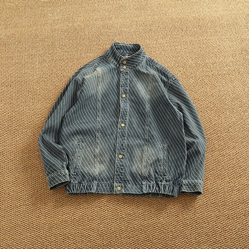 牛仔外套男春秋美式复古高级感宽松潮牌条纹设计扣领立领工装夹克