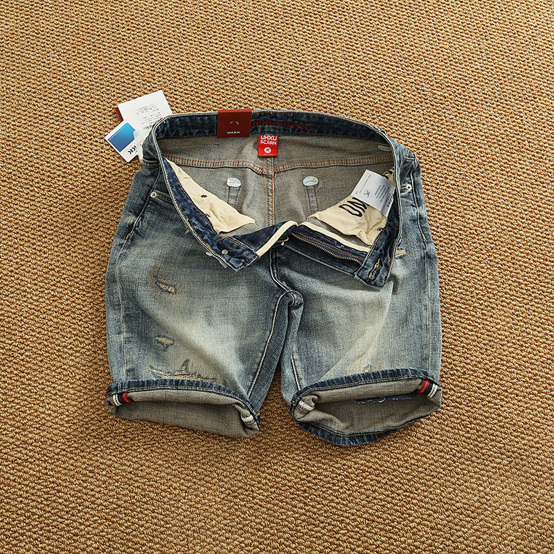 夏季浅蓝色怀旧水洗牛仔中裤子男新款棉弹牛仔布休闲潮牌直筒短裤