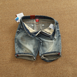 棉弹牛仔布休闲潮牌直筒短裤 子男新款 浅蓝色怀旧水洗牛仔中裤 夏季