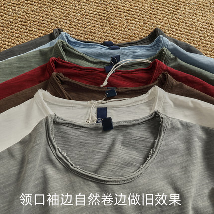 硬汉风自然卷边复古水洗做旧竹节棉短袖T恤衫男2026新款纯色简约T