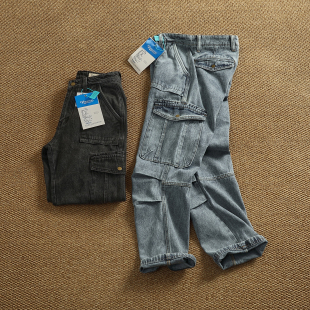 美式复古工装牛仔裤男 宽松多口袋直筒裤 重磅水洗做旧休闲长裤子