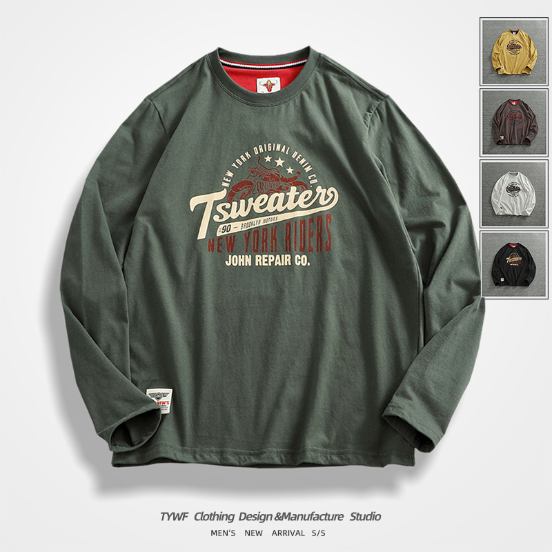 美式复古摩托机车印花长袖T恤衫男纯棉水洗磨毛圆领套头休闲上衣