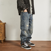日系复古贴布补丁破洞宽松锥形小直筒裤 14盎司重磅丹宁牛仔裤 男士