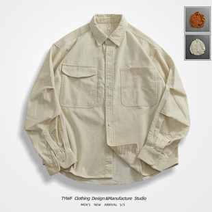 秋冬厚款重磅长袖衬衫外套男复古粗间条纯棉水洗做旧灯芯绒衬衣潮