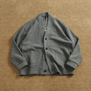 日系复古开衫外套男士上衣重磅厚款质感华夫格大V领针织无领卫衣