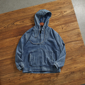 美式 复古宽松连帽牛仔套头夹克男生半开领Cityboy情侣日系外套潮