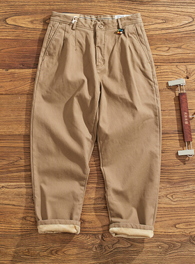 冬季加绒加厚微弹休闲裤男直筒美式复古简约CHINO工装锥形裤子潮