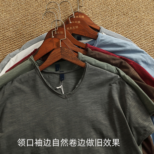 纯色半袖 打底T T恤男欧美做旧基础款 V领纯色水洗竹节纱水洗棉短袖