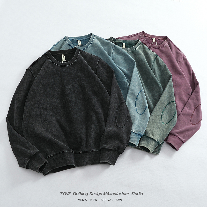 重工做旧雪花酵洗圆领套头卫衣男装重磅纯棉针织毛圈运动休闲上衣