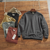 500g重磅加绒加厚全棉圆领卫衣男情侣纯色简约落肩袖 宽松套头衫 潮