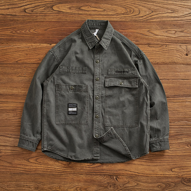美式重磅工装衬衫男士复古衬衣男纯棉水洗做旧宽松休闲长袖外套男